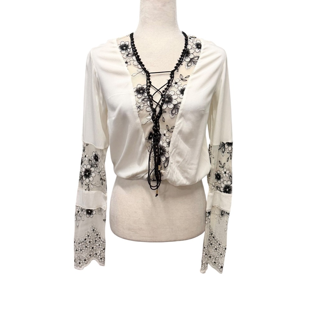 Womens P S Blouse White‎ Lace Up V-Neck Floral Embroidered Mesh Sleeve Coquette